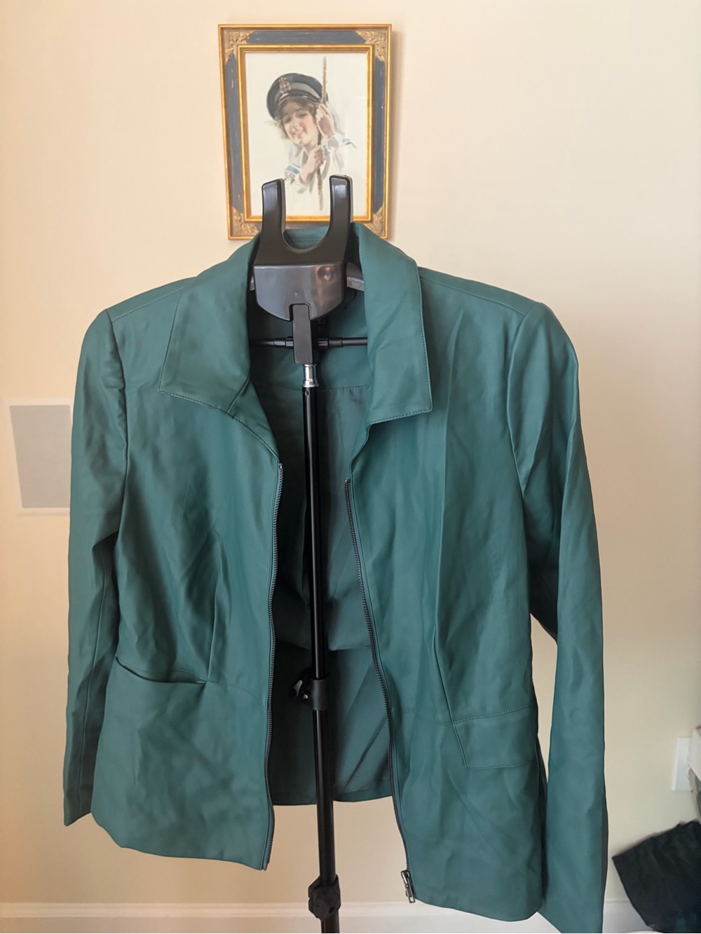 Alfani Teal Green Faux Leather Zip Front Jacket Collared Womens M
